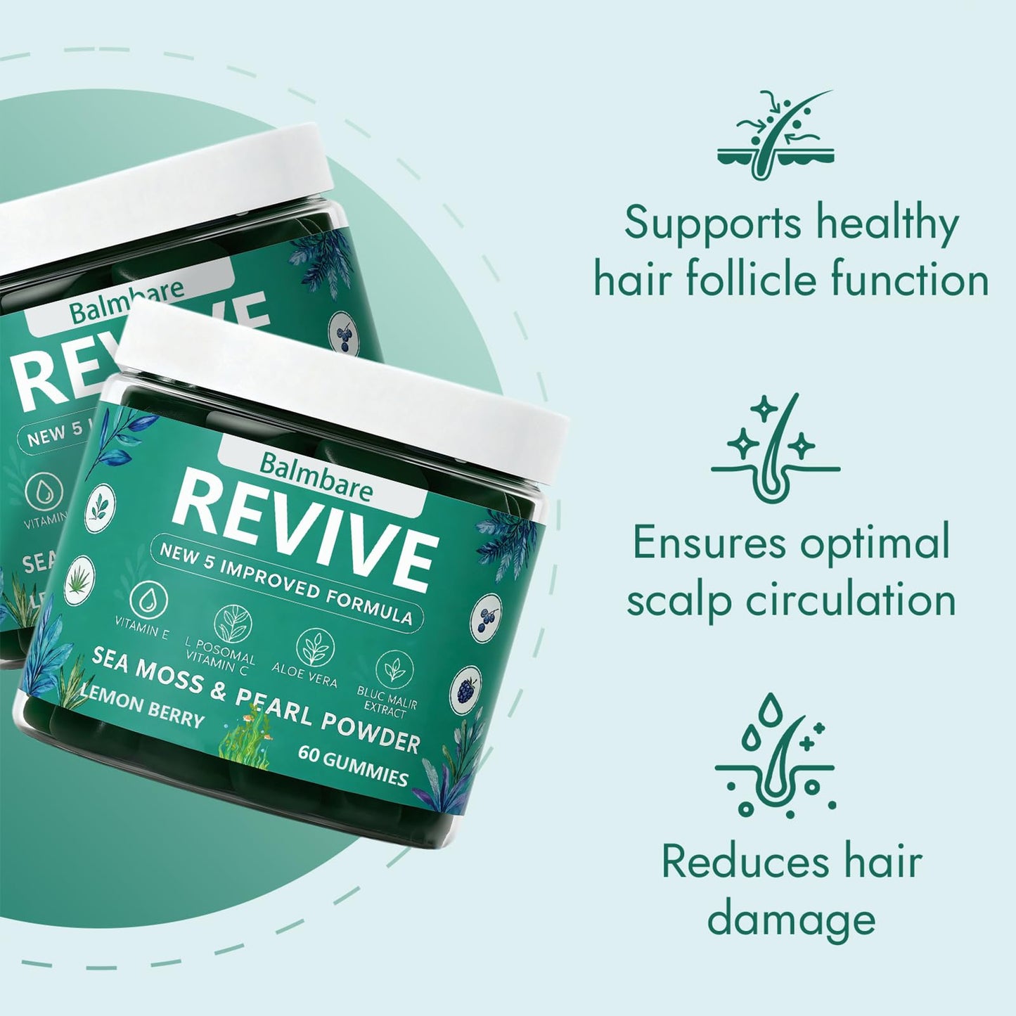 Balmbare Revive Gummies for Hair Loss, with Organic Irish Sea Moss Pearl Powder, Vitamins C & E, Aloe Vera - Supports Healthy Hair, Skin & Nails Growth (1pcs) ReviveNerveBuy Supplements Australia