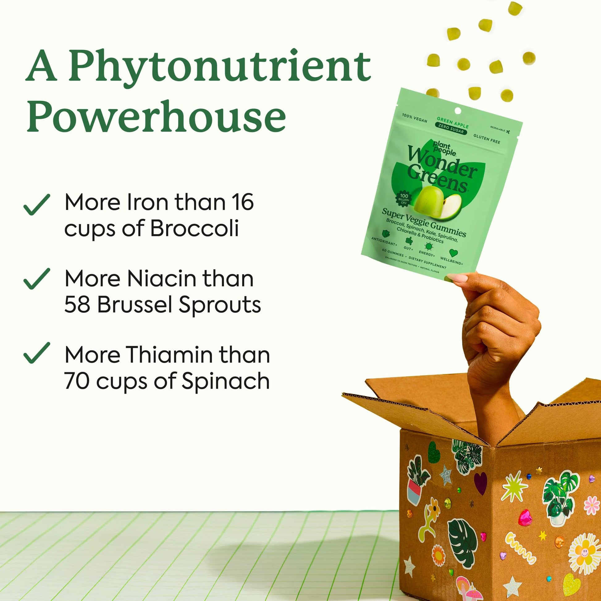 Plant People WonderGreens Veggie Gummies Super Greens with Probiotics Multivitamin Support Gummy for Wellbeing, Energy, Immune and Gut Health, Green Apple Flavor (60 Count) Plant PeopleBuy Supplements Australia