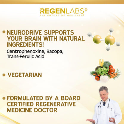 Regen Labs NeuroDrive Memory & Focus Supplement - Boost Brain Focus, Mental Health & Brain Fog | Natural Doctor Approved - Brain Nootropic, Phosphatidylserine, Centrophenoxine, Bacopa - 90 Capsules Regen LabsBuy Supplements Australia