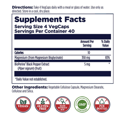 KAL Magnesium Glycinate Capsules, Fully Chelated Magnesium Bisglycinate, High Absorption Magnesium Supplement, Healthy Bones, Muscle,