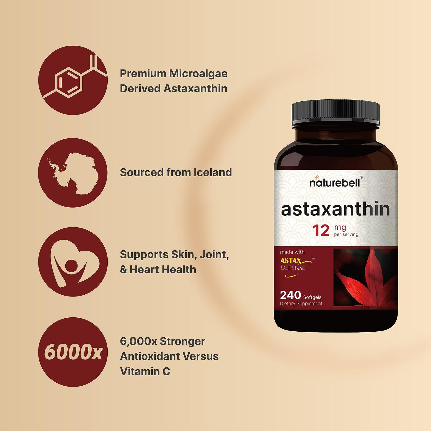 NatureBell Astaxanthin 12mg, 240 Softgels, Made with Astax, Max Strength NatureBellBuy Supplements Australia