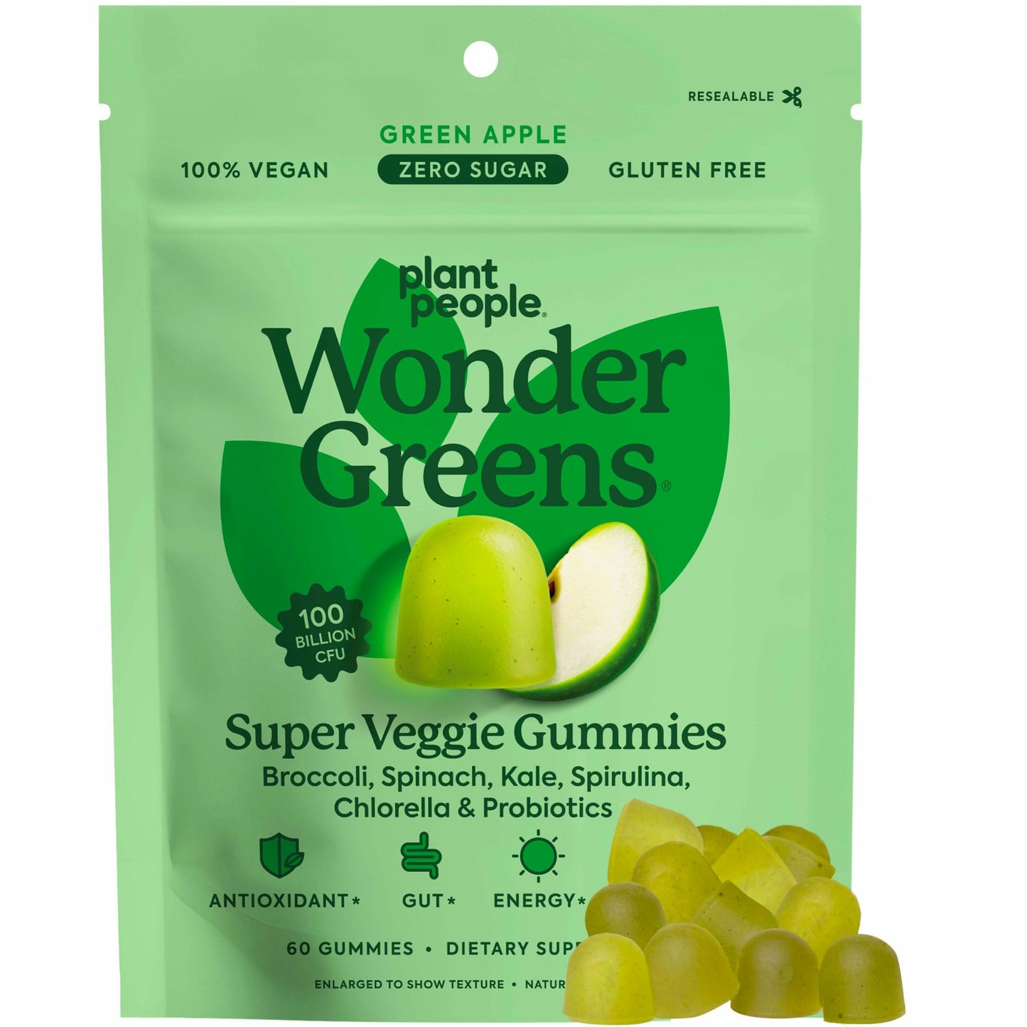 Plant People WonderGreens Veggie Gummies Super Greens with Probiotics Multivitamin Support Gummy for Wellbeing, Energy, Immune and Gut Health, Green Apple Flavor (60 Count) Plant PeopleBuy Supplements Australia