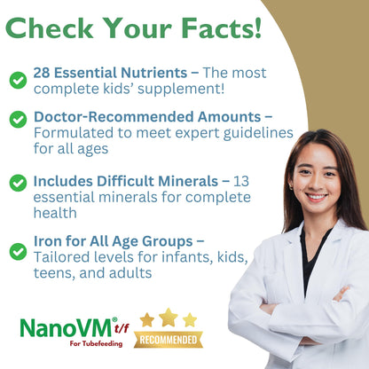 NanoVM t/f, Dietary Supplement for Tube Feeding, Allergen-Free Kids Multivitamin, Unflavored Vitamin Powder with 14 Vitamins & 13 Minerals, Low-Carb Kids Vitamins, 275g - Solace Nutrition NanoVMBuy Supplements Australia