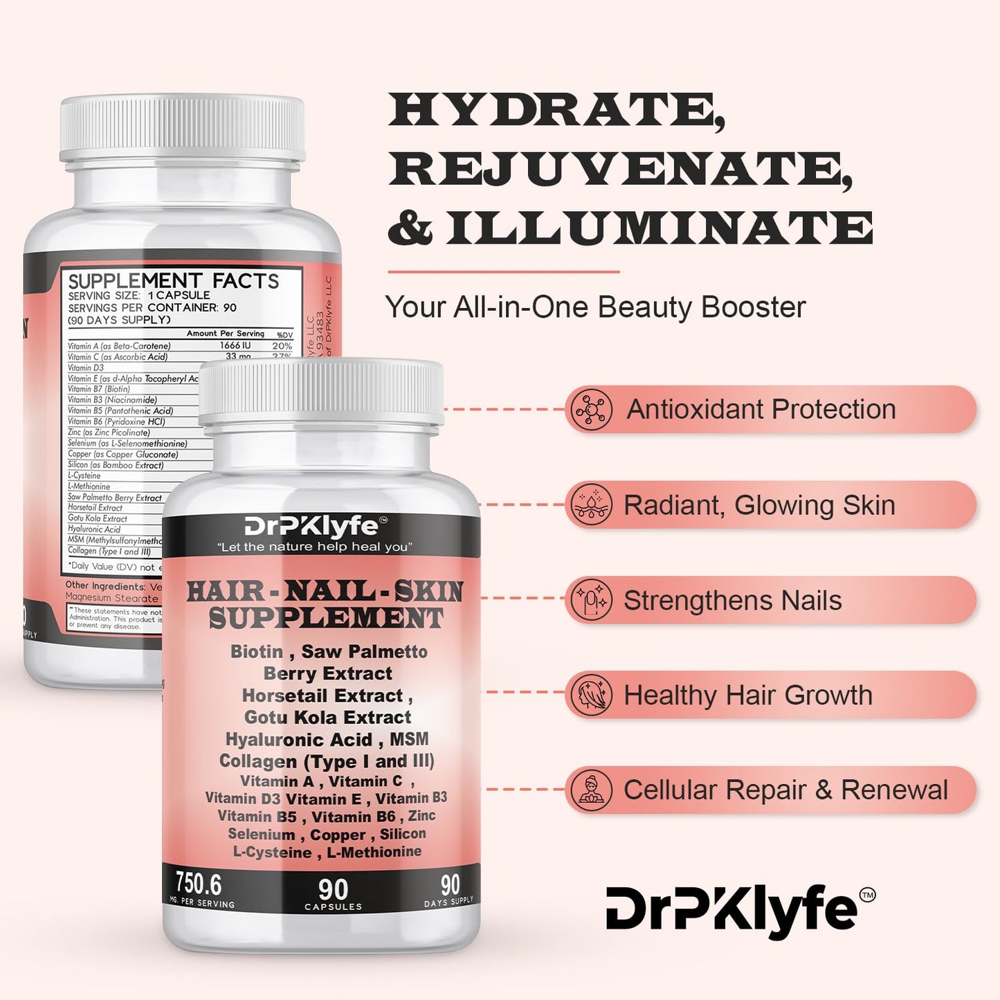 DrPKLyfe Hair, Nail and Skin Supplement Capsules:Biotin, Collagen, Collagen Peptides, Acid Hyaluronic, Biotin, Vitamin A, C, B5, B6 Saw Palmetto & More - 90 Capsules. DrPKLyfeBuy Supplements Australia
