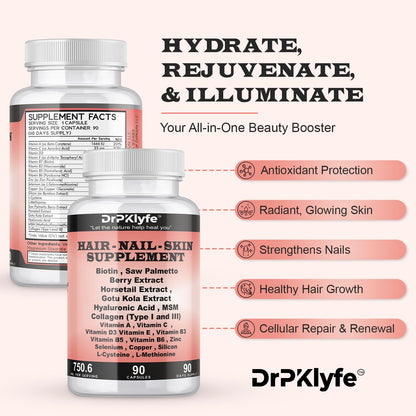 DrPKLyfe Hair, Nail and Skin Supplement Capsules:Biotin, Collagen, Collagen Peptides, Acid Hyaluronic, Biotin, Vitamin A, C, B5, B6 Saw Palmetto & More - 90 Capsules. DrPKLyfeBuy Supplements Australia