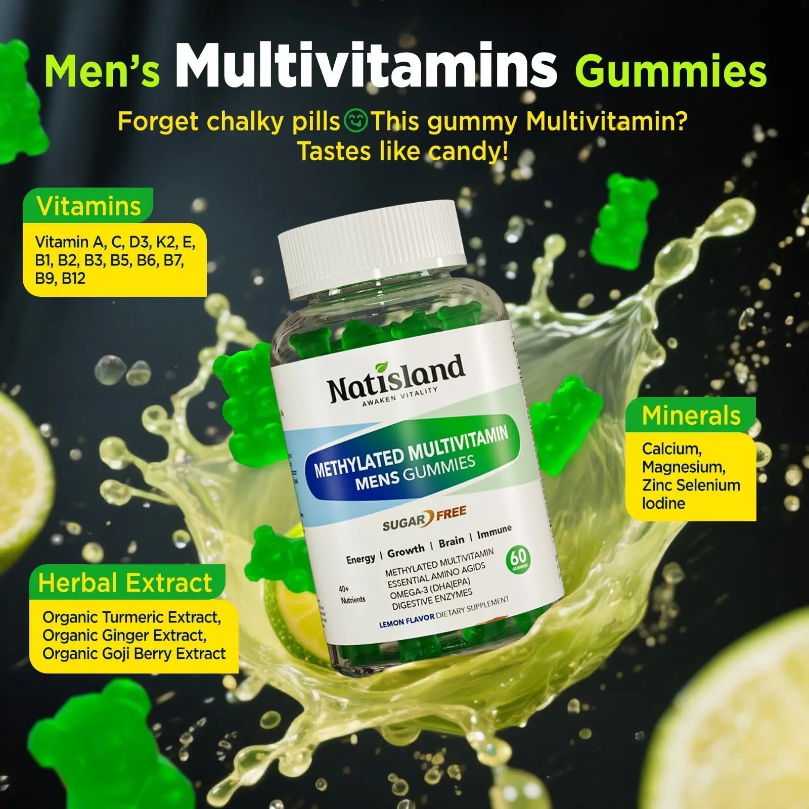 Methylated Multivitamin for Men Gummies, Men`s Multivitamins Gummies with Vitamin B Complex, A, C ,D3, E, K2, Calcium, Magnesium, Omega-3 NATISLANDBuy Supplements Australia