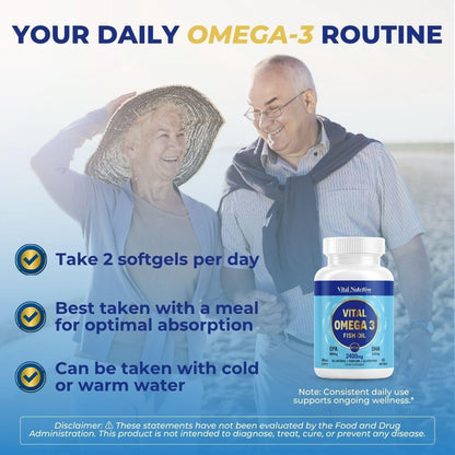 Vital Omega 3 Fish Oil Supplements 2400mg | 864mg EPA & 576mg DHA | 1440mg Total Omega-3 Fatty Acids | Promotes Brain & Heart Health | Non-GMO, Gluten-Free, Sugar-Free | Lemon | 60 Day Servings VITAL NUTRITIVEBuy Supplements Australia