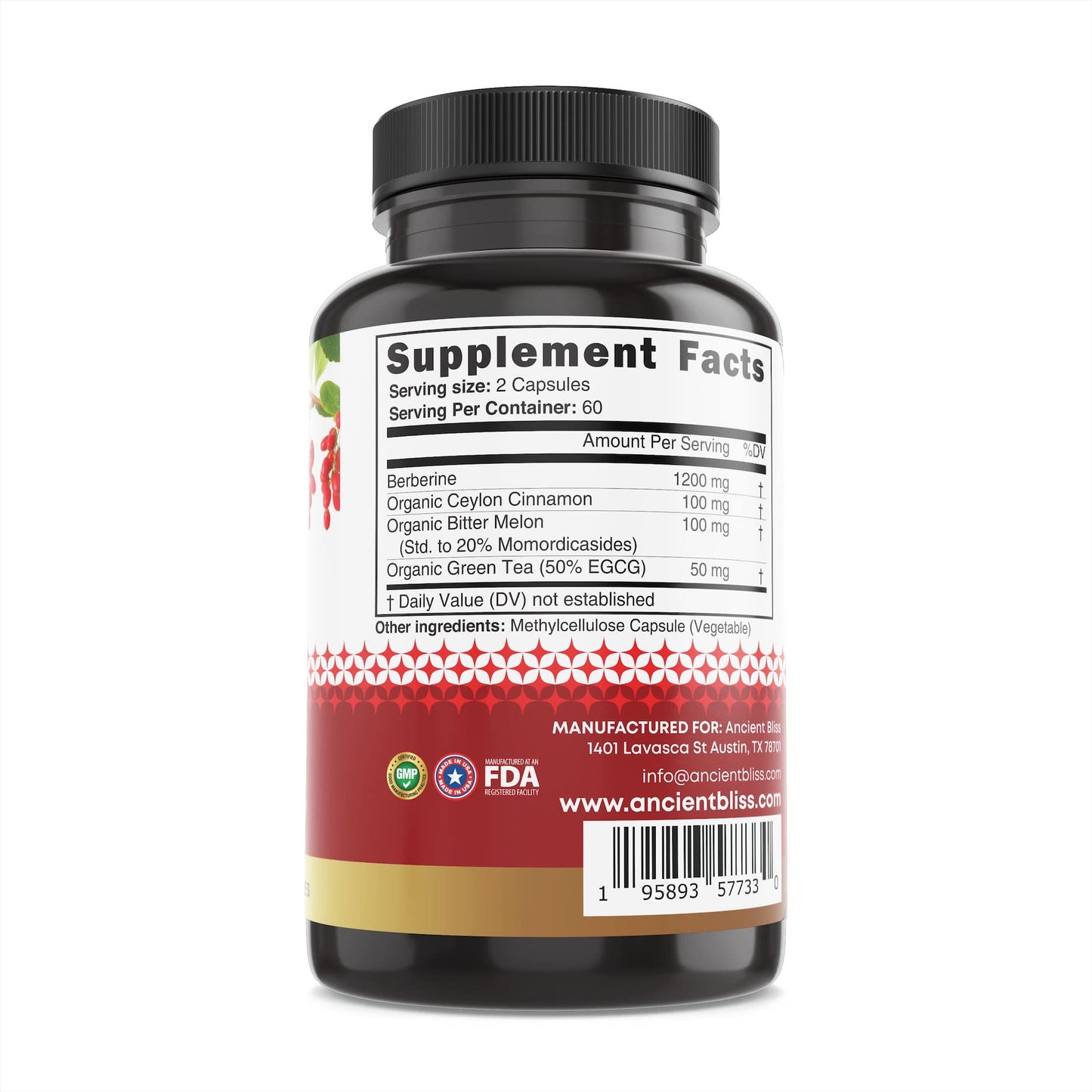 Ancient Bliss Berberine HCL 1200mg with Ceylon Cinnamon, Bitter Melon, and Green Tea Ancient BlissBuy Supplements Australia