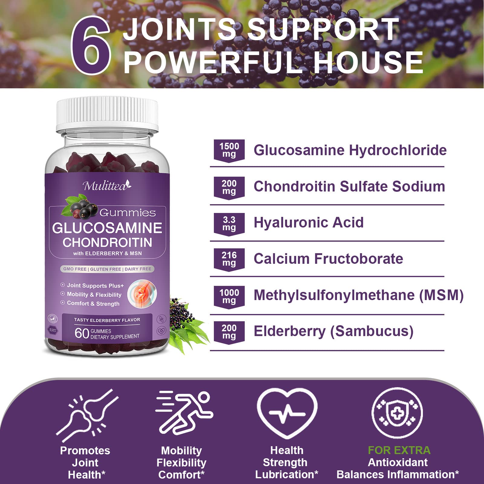 Mulittea Glucosamine Chondroitin Gummies - Extra Strength Joint Support Supplement with MSM & Elderberry for Natural Joint, Antioxidant Immune Support for Adults, Men & Women-(2 Pack) MulitteaBuy Supplements Australia