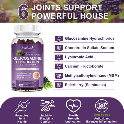 Mulittea Glucosamine Chondroitin Gummies - Extra Strength Joint Support Supplement with MSM & Elderberry for Natural Joint, Antioxidant Immune Support for Adults, Men & Women-(2 Pack) MulitteaBuy Supplements Australia