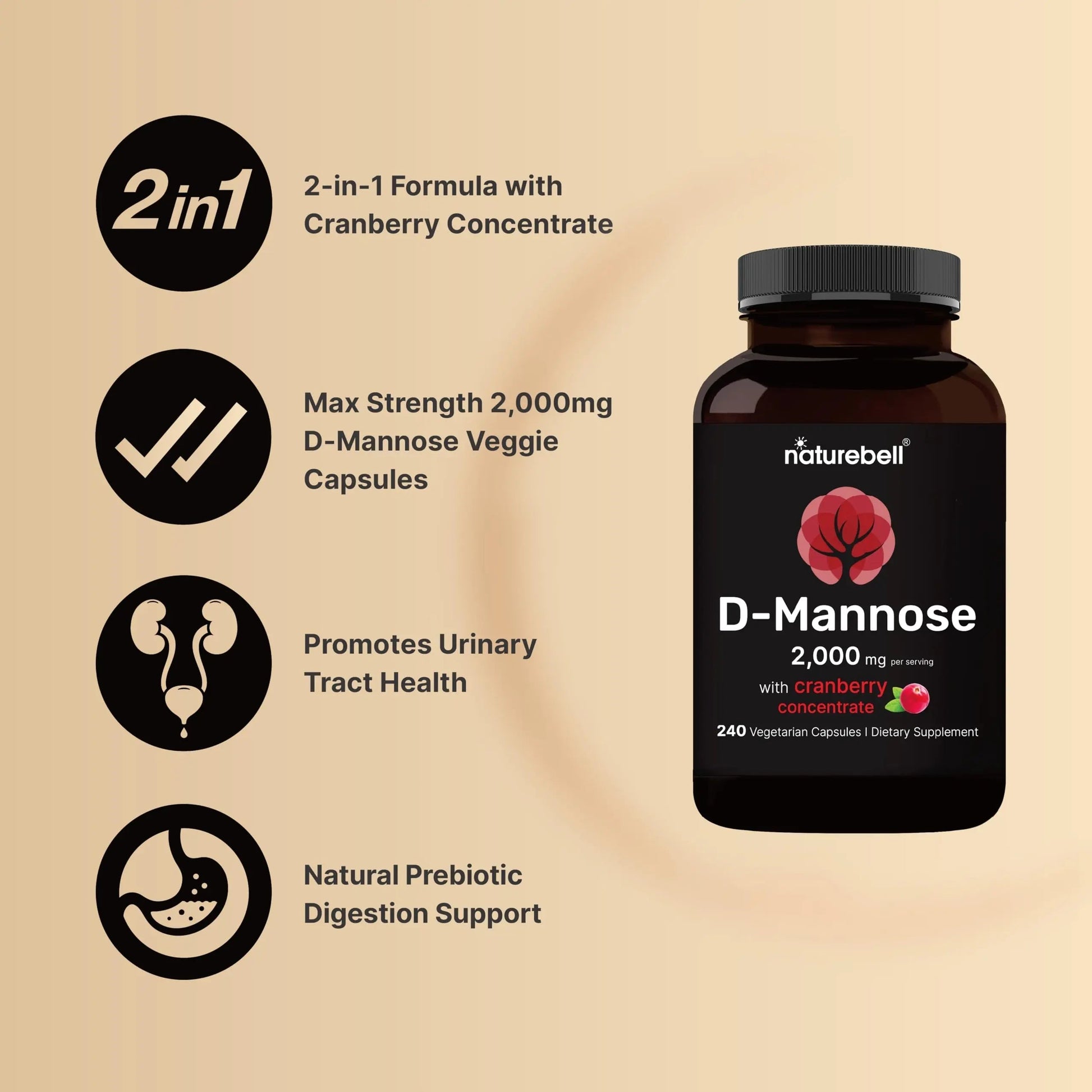 NatureBell D-Mannose 500mg Capsules (2,000mg Per Serving) | 240 Veggie Capsules + Cranberry Concentrate 40mg – Fast Acting Urinary Tract Health Pills – Ultra UTI Support for Women & Men NatureBellBuy Supplements Australia