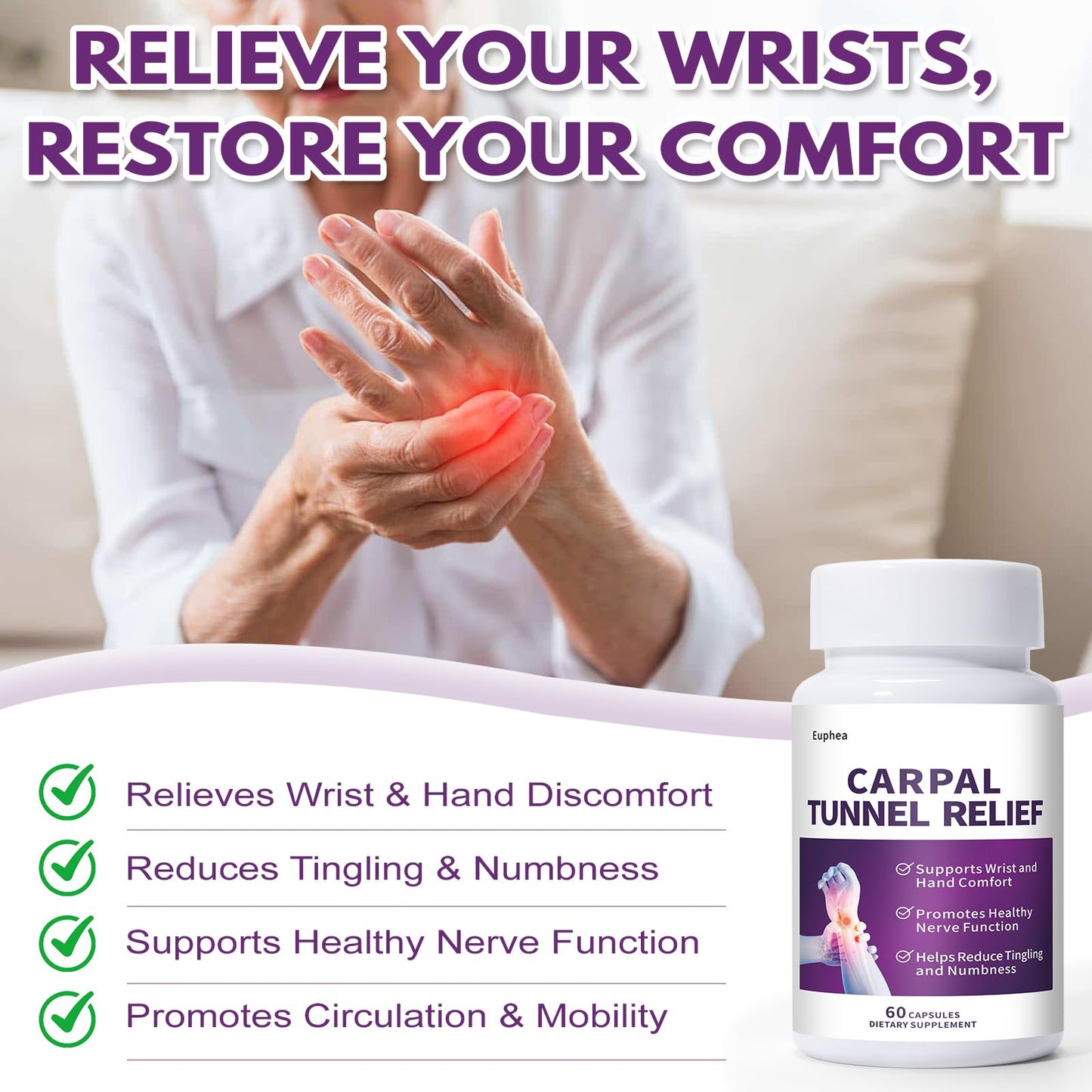 Euphea Carpal Tunnel Relief & Wrist Support Supplement, Helps Ease Tingling & Numbness,Vitamins B6, B12, C, D, K + GABA,60 Capsules EupheaBuy Supplements Australia