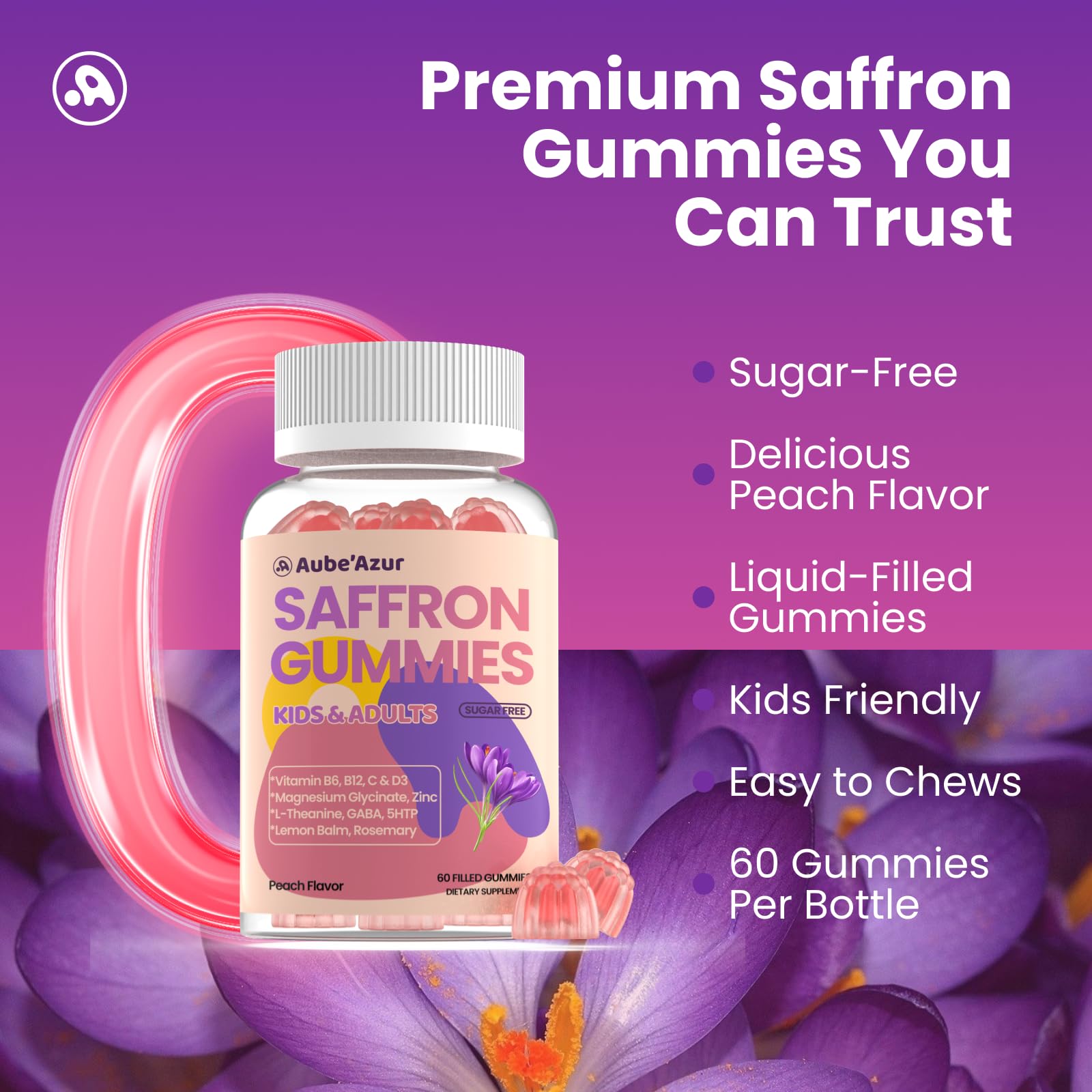 Saffron Gummies for Kids Adults 88.5mg, 15-in-1 Saffron Supplements for Kids, with B6, B12, C, D3, Magnesium Glycinate, Zinc for Nerve, Rest, Focus, Sugar Free, Vegan, Non- GMO, Peach Flavor, 60 Count Aube'AzurBuy Supplements Australia