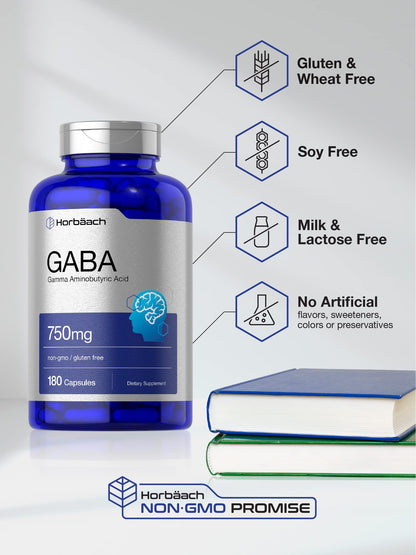 GABA 750mg | 180 Capsules | Gamma Aminobutyric Acid Supplement HorbäachBuy Supplements Australia