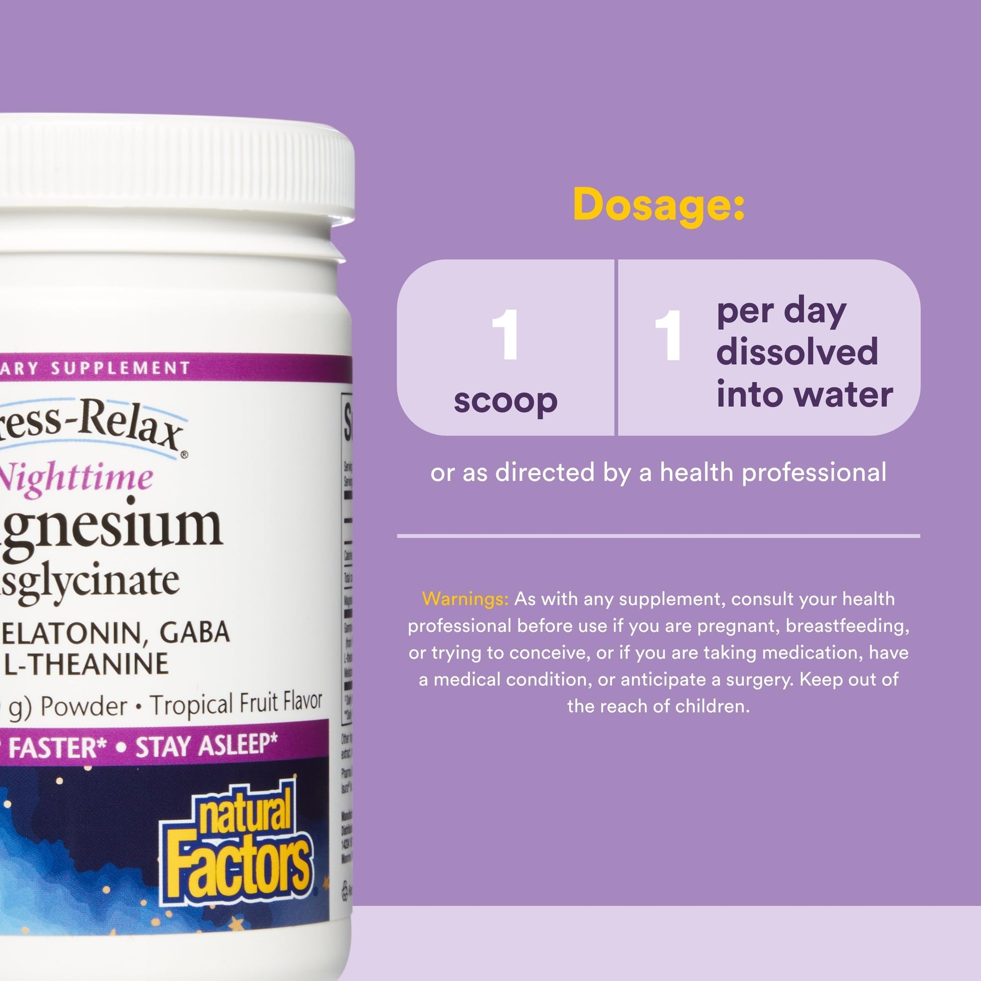 Natural Factors Stress-Relax Nighttime Magnesium Bisglycinate - Supports Sleep & Relaxation* - with Melatonin, L-Theanine & GABA - Tropical Flavor - 4.23 oz Natural FactorsBuy Supplements Australia