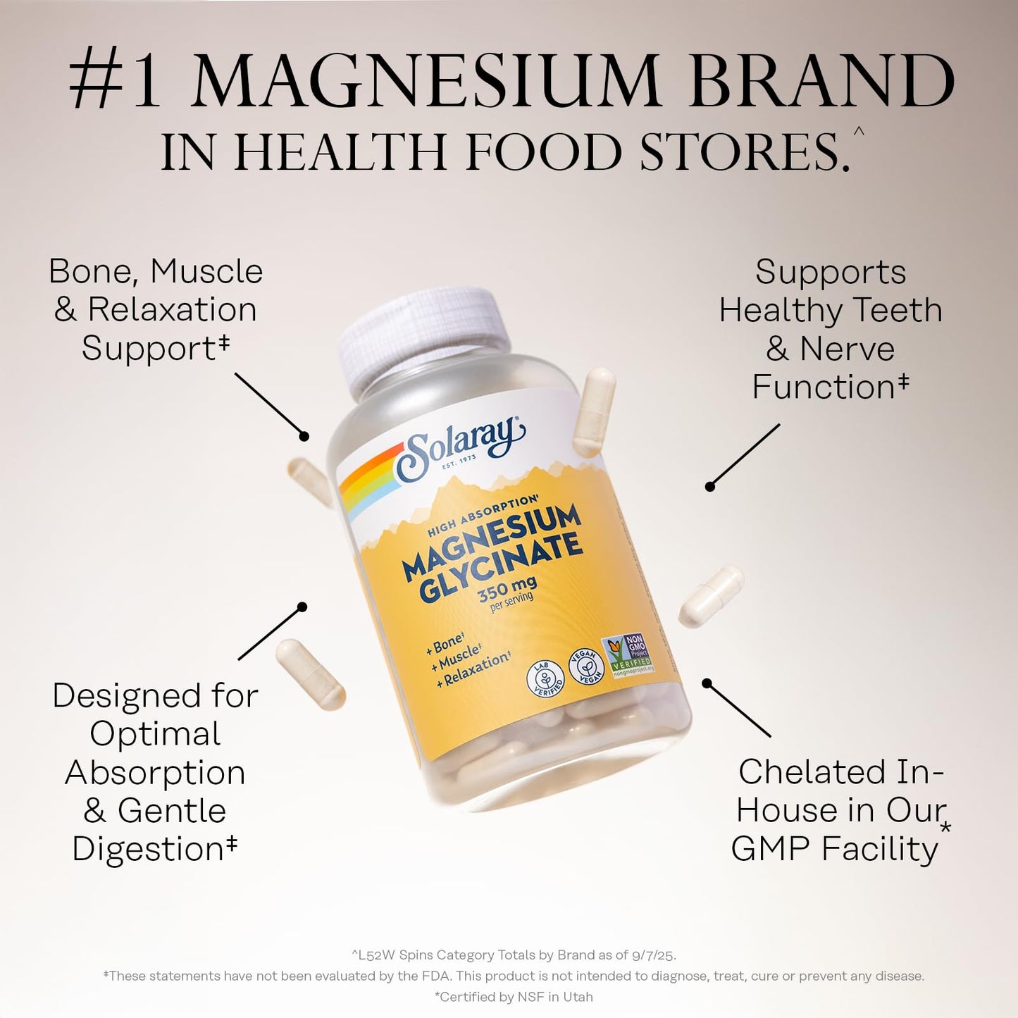 SOLARAY Magnesium Glycinate Capsules, Chelated Magnesium Bisglycinate w/BioPerine, Higher Absorption Magnesium Supplement - Bones, Muscles,
