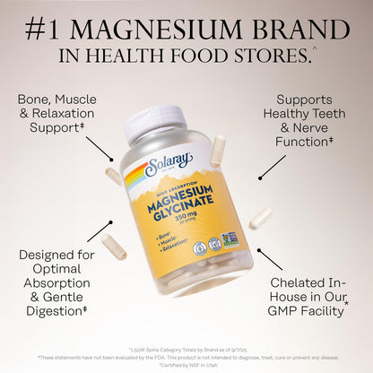 SOLARAY Magnesium Glycinate Capsules, Chelated Magnesium Bisglycinate w/BioPerine, Higher Absorption Magnesium Supplement - Bones, Muscles,