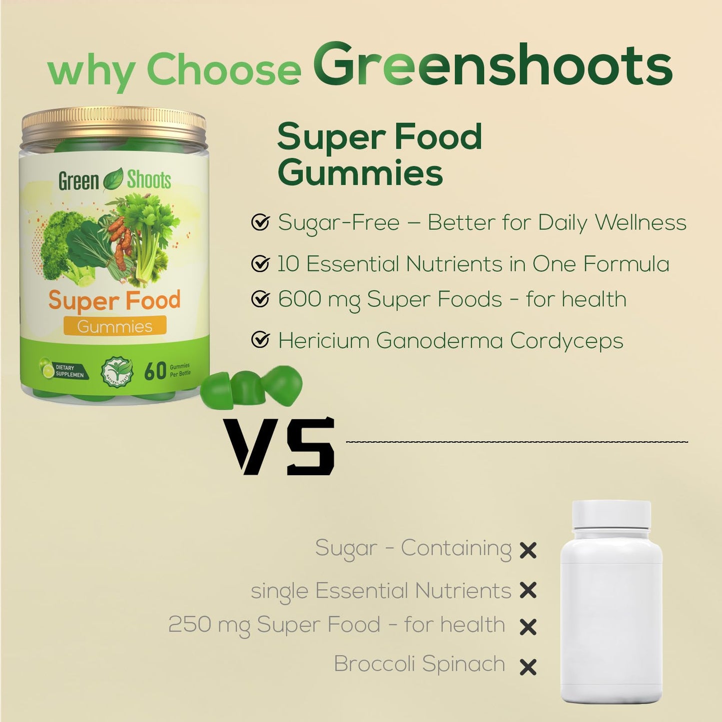 Greenshoots Super Food Gummies with Super Greens Blend, Vitamin A & C – Broccoli, Spinach, Moringa & Chlorella – Vegan, Sugar Free, Daily Nutrition Support, 60 Gummies GreenshootsBuy Supplements Australia