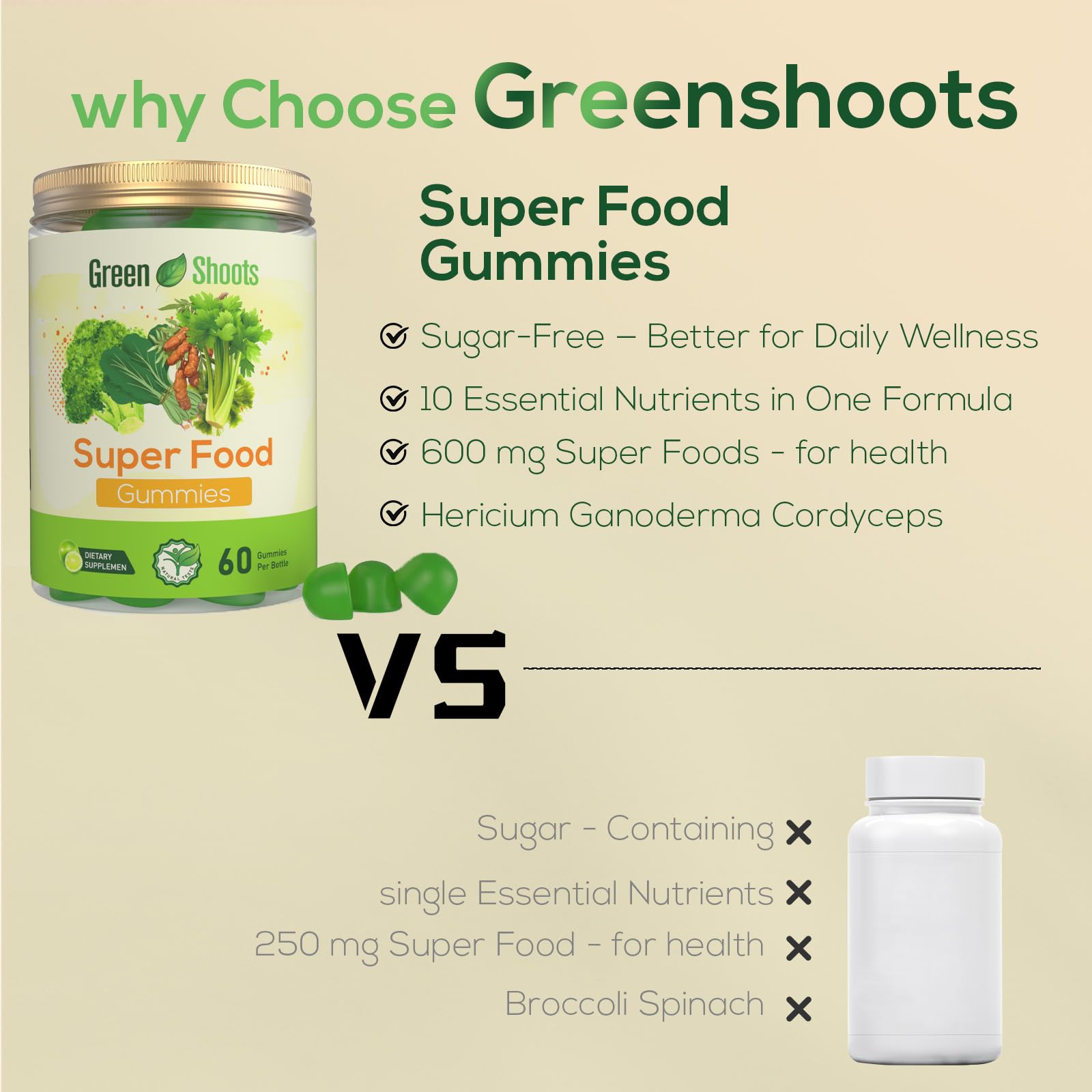 Greenshoots Super Food Gummies with Super Greens Blend, Vitamin A & C – Broccoli, Spinach, Moringa & Chlorella – Vegan, Sugar Free, Daily Nutrition Support, 60 Gummies GreenshootsBuy Supplements Australia