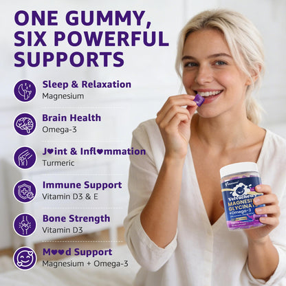 Magnesium Glycinate Gummies 500mg - Magnesium with Omega-3, Turmeric, Vitamin D3 & E | Magnesium Glycinate Soft Chews for Adults