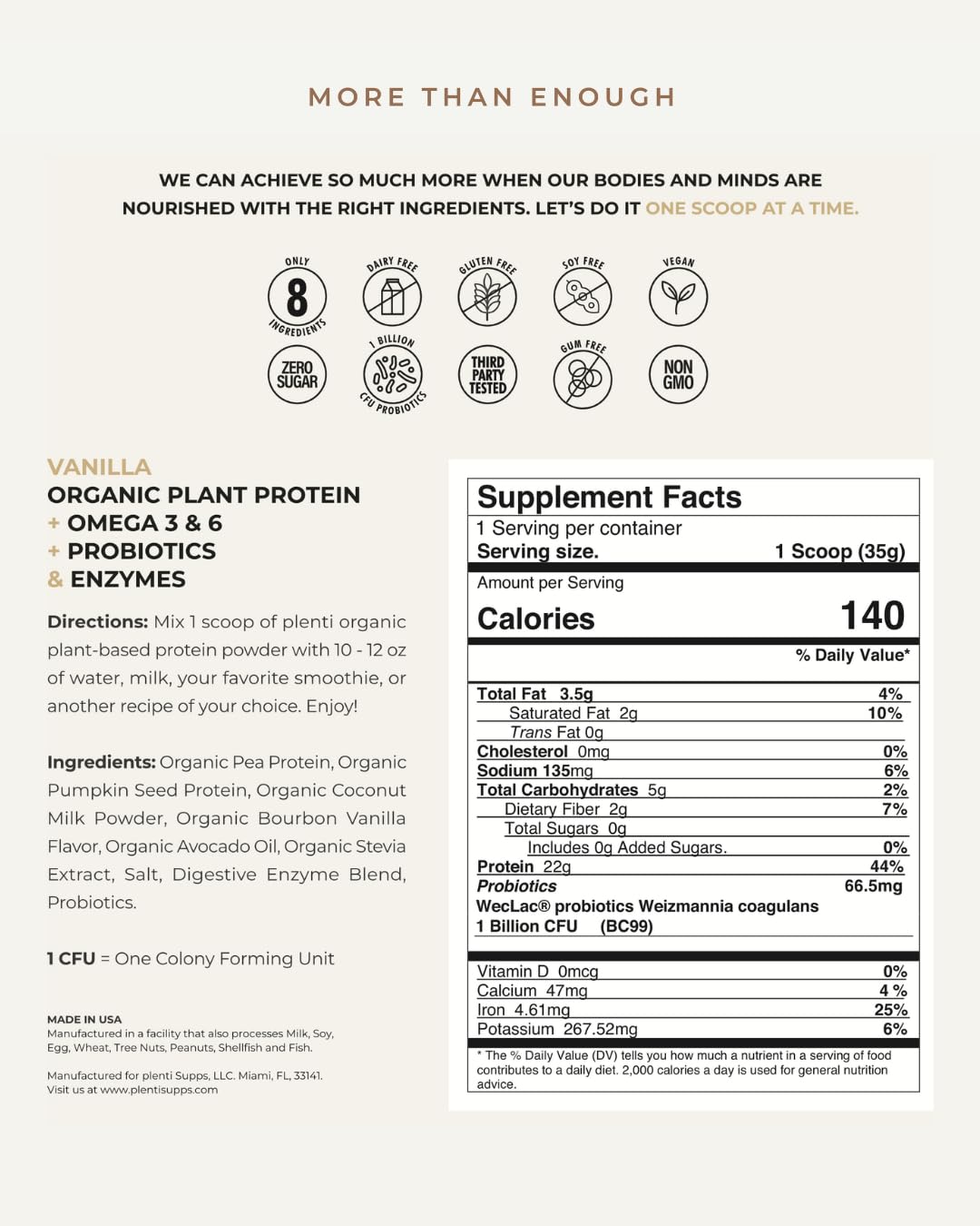 plenti Organic Plant-Based Protein Powder: Vanilla - 20g Pea Protein + Probiotics, Digestive Enzymes & Omega 3-6, Gut Friendly, Sugar Free, 27 Servings (2 lbs) plentiBuy Supplements Australia