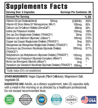 KAPPA NUTRITION (90 Capsules,Vitamin K2, Vitamin D3, Zinc, Selenium, Vanadium, Copper, Manganese, Potassium, Molybdenum, Calcium, Chromium, Iodine, Boron,