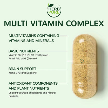 HERB PURE Multi Vitamin Complex Daily Multivitamin for Men and Women – 28 Essential Vitamins & Minerals with Active Vitamins, Superfood Blend, Alpha GPC HERB PURE