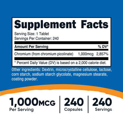 Nutricost Chromium 1000mcg, 240 Tablets - Gluten Free, Non-GMO NutricostBuy Supplements Australia