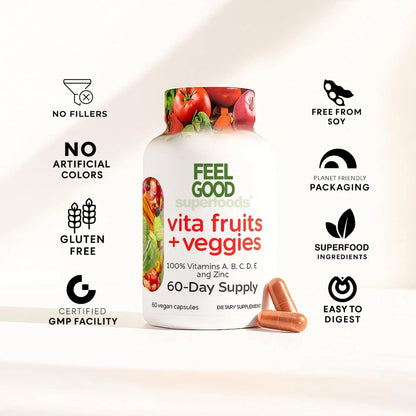 FeelGood Superfoods Vita Fruits and Veggies Capsules - 25 Superfood Ingredients, Fruit and Vegetable Multivitamin, 60 Count FeelGood Superfoods