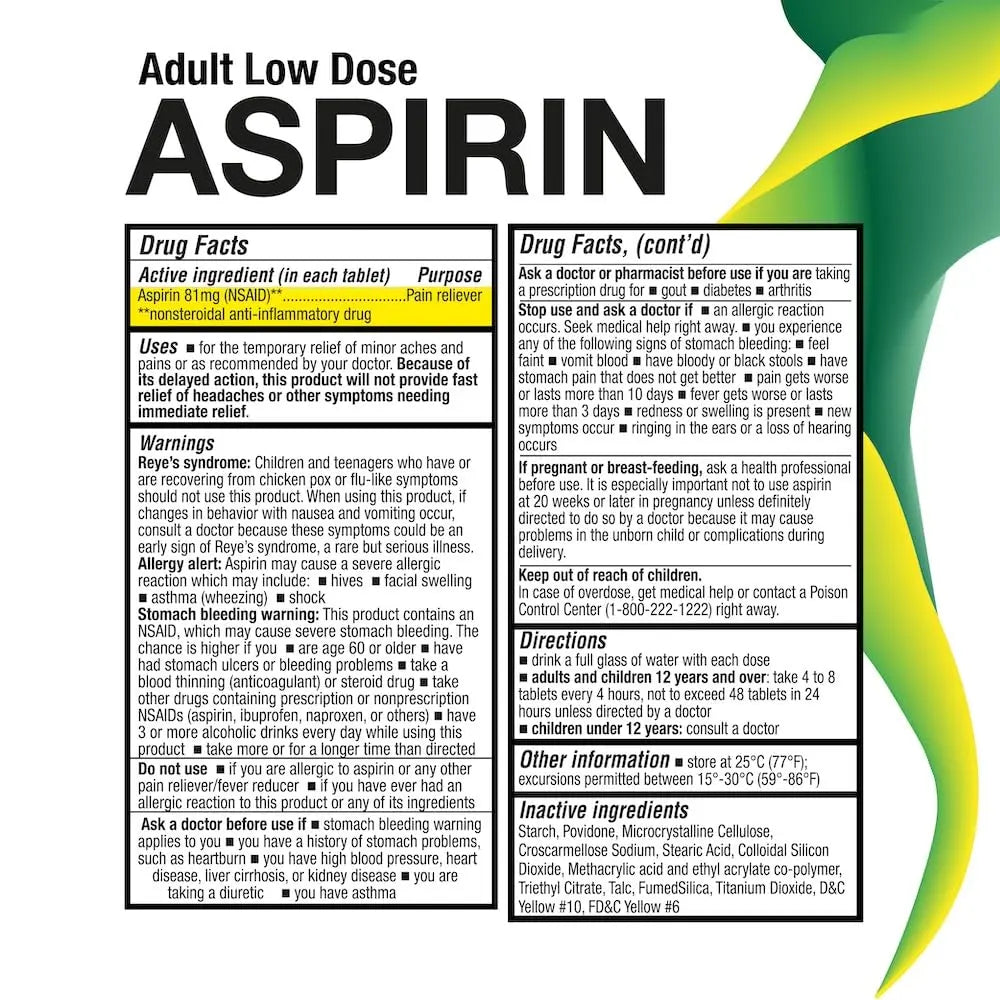 Puregen Labs Aspirin 81 mg Low Dose (NSAID) – 300 Enteric Coated Tablets P Puregen LabsBuy Supplements Australia
