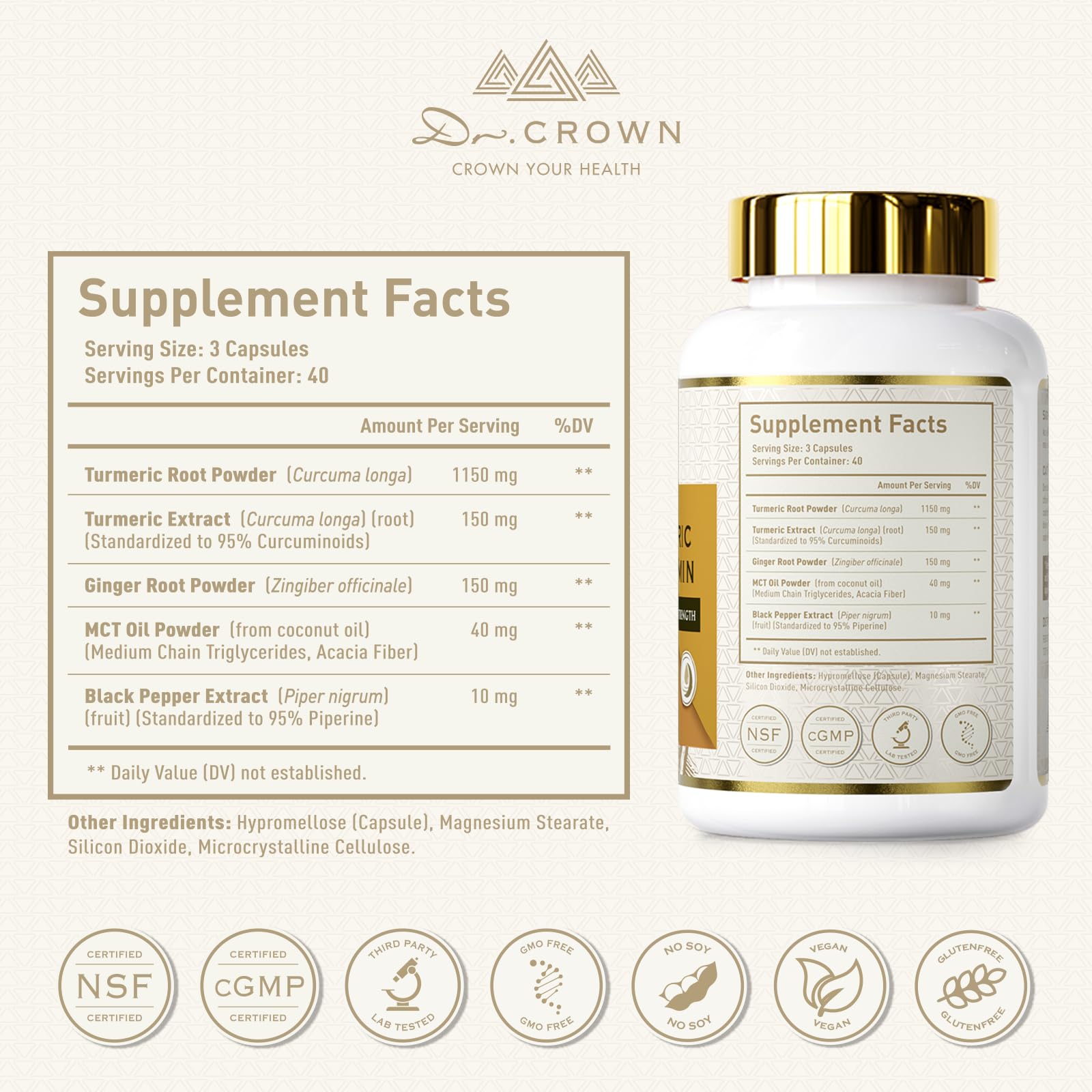 DR. Crown Turmeric Curcumin Supplement 1,500mg, 95% Standardized Curcuminoid with Ginger, MCT Oil, & Black Pepper for Better Absorption, for Antioxidant & Joint Support, 120 Capsules DR. CROWNBuy Supplements Australia