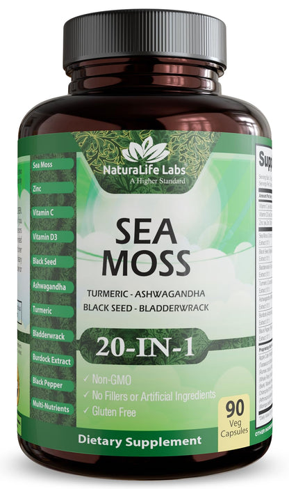 Sea Moss, Black Seed Oil, Bladderwrack, Turmeric, Ashwagandha, Burdock, Vitamin C, D3, Yellow Dock Root, Manuka, Dandelion - 90 Veggie caps NaturaLife LabsBuy Supplements Australia