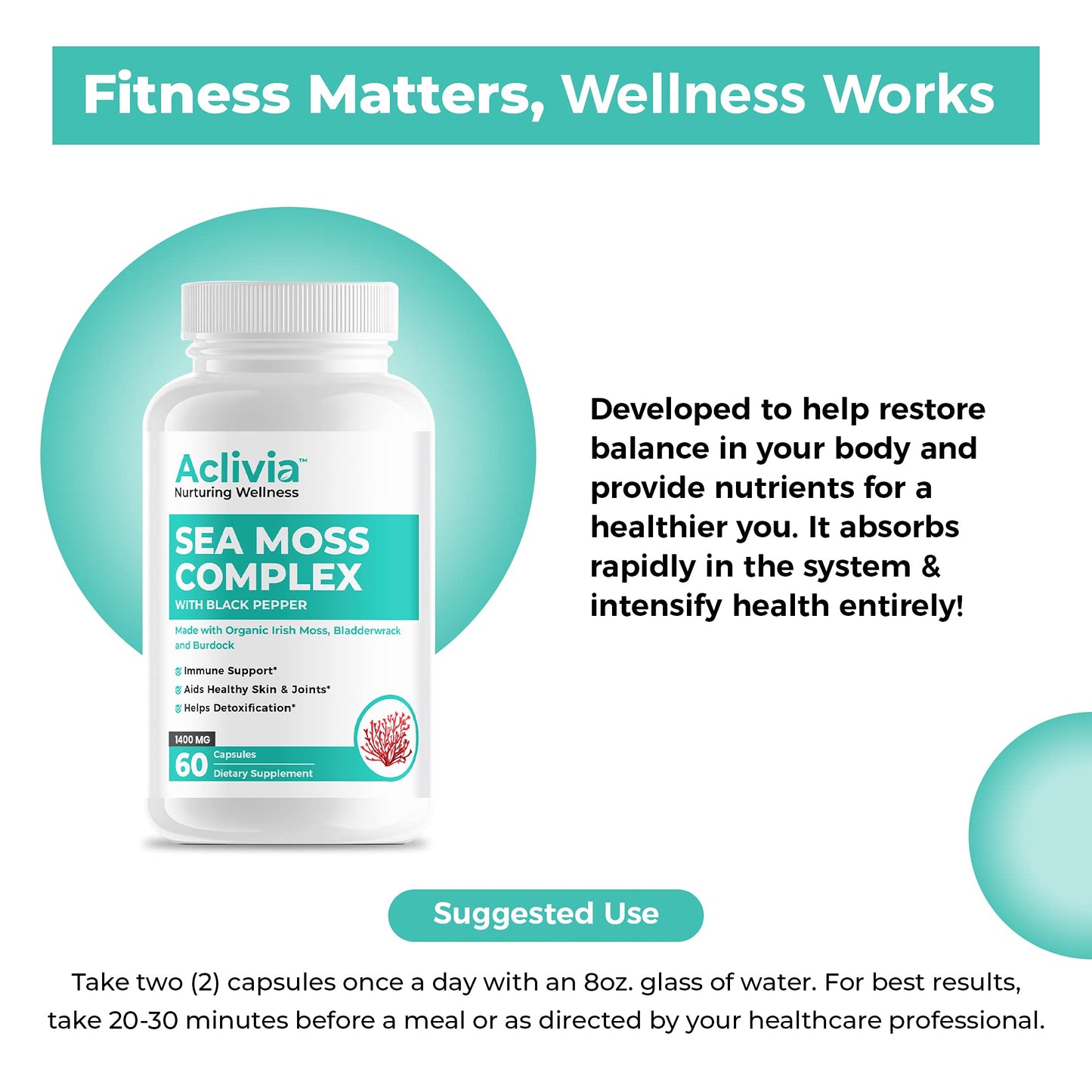 Aclivia - Organic Irish Sea Moss Capsules with Bladderwrack & Burdock Root - 102 Minerals Sea Moss Supplement - Thyroid Support, Immune Boost - Non-GMO (60 Count) AcliviaBuy Supplements Australia