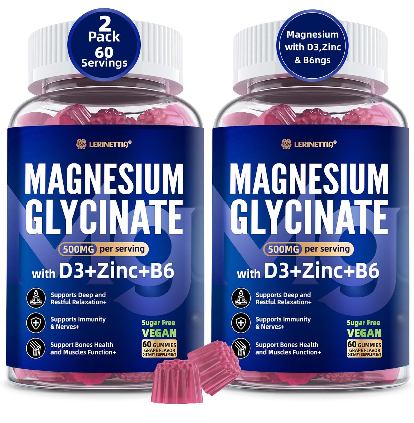 Magnesium Glycinate 500mg/250mg for Adults Teens - Plus D3,B6 & Zinc - Magnesium Glycinate Gummies,High Absorption - Support for Relaxation,Brain,Bone & Immunity Health - Sugar Free - 120Cts LerinettiaBuy Supplements Australia