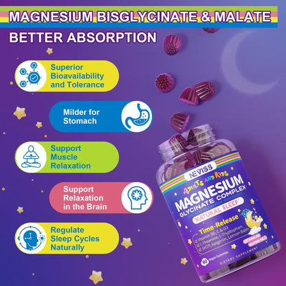 Magnesium Glycinate Gummies for Adults & Kids 4+, Sugar Free Magnesium Bisglycinate Supplement 400/200mg with B6D3, 5HTP, L-Theanine for Sleep & Relaxation