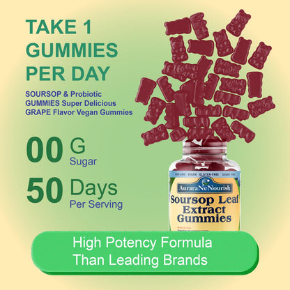 AuraraNeNourish Sugar Free Soursop Gummies with Probiotics & Fiber 100 Billion CFUs, Organic Soursop Leave Extract with Vitamin C B-Complex for Digestive Gut Health, Energy Balance, Immune Boost AuraraNeNourishBuy Supplements Australia