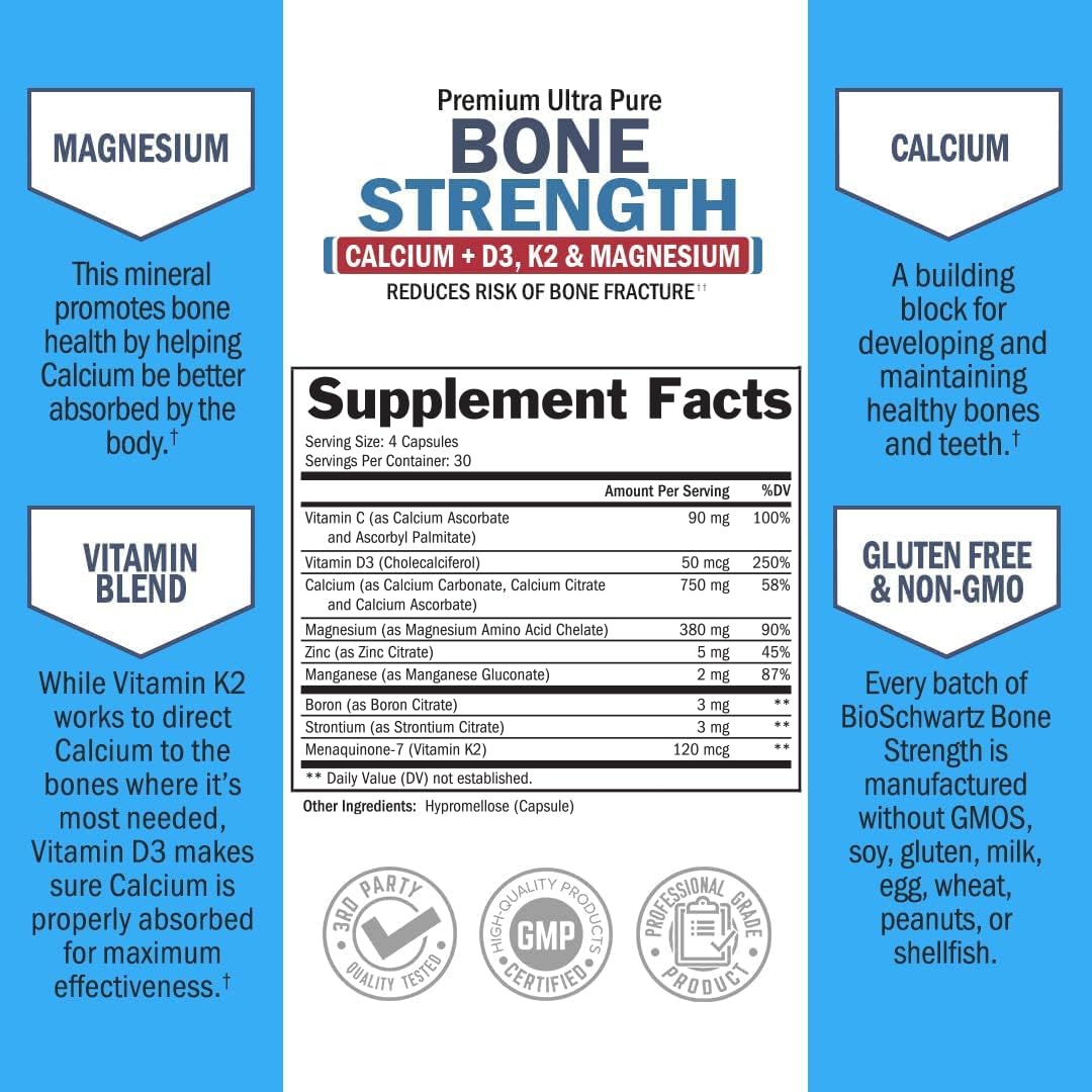 Bone Strength Supplement with Calcium + D3, K2 & Magnesium - Highly Absorbable BioSchwartzBuy Supplements Australia