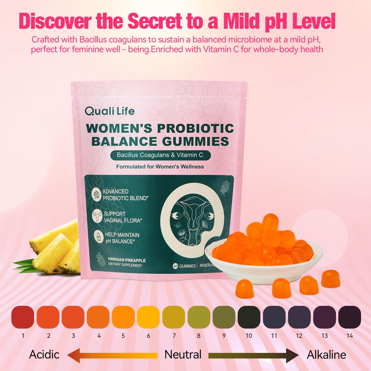 QualiLife Premium Feminine Balance Gummies for Women – Probiotic Vaginal Health Support with Vitamin C – pH Balance & Flora Support – Sugar Free, Vegan, Hawaiian Pineapple Flavor – 60 Gummies (1) QualiLifeBuy Supplements Australia