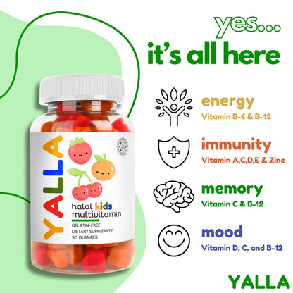 YALLA Halal Vitamins for Kids, Halal Kids Multivitamin Gummies, 45-90 Day Supply, Essential Vitamins with C, D3 YALLA