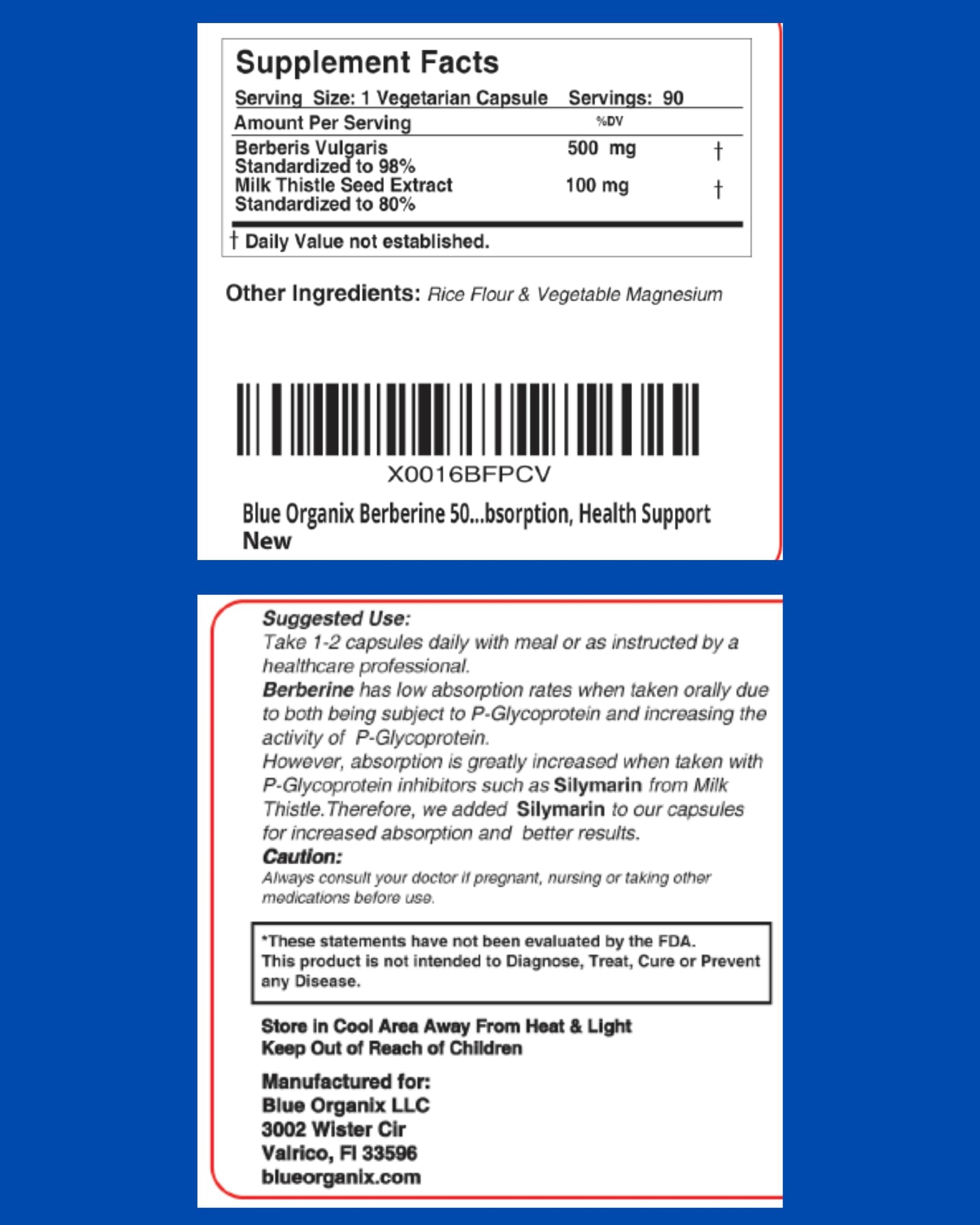Blue Organix Berberine 500mg Formula HCL Complex Supplement with Silymarin Blue OrganixBuy Supplements Australia