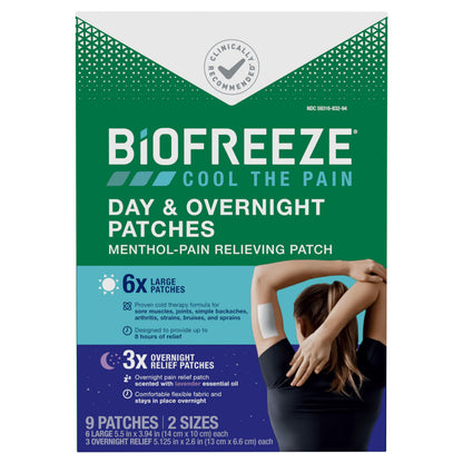 Biofreeze Day & Overnight Pain Relief Patches, Menthol Pain Patches for Arthritis & Muscle Pain Relief, Comfortable & Flexible Fabric Stays in Place, 9 Patches (6 Day, 3 Night) BiofreezeBuy Supplements Australia