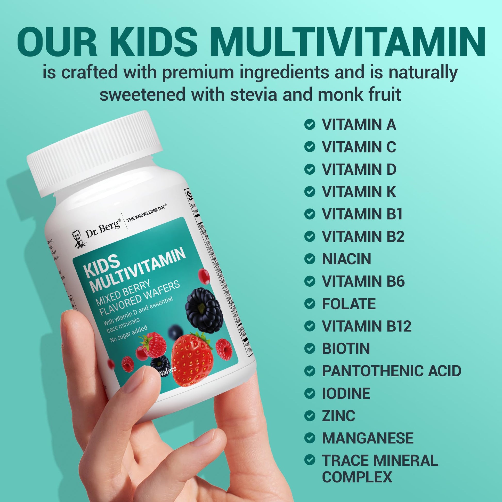 Dr. Berg Kids Chewable Multivitamins (NOT Sweetened w/Sugar) - Daily Multivitamin for Kids that Includes 20 Nutrients & Trace Mineral Complex - Mixed Berry Chewable Vitamins for Kid - Red Wafers Dr. Berg NutritionalsBuy Supplements Australia