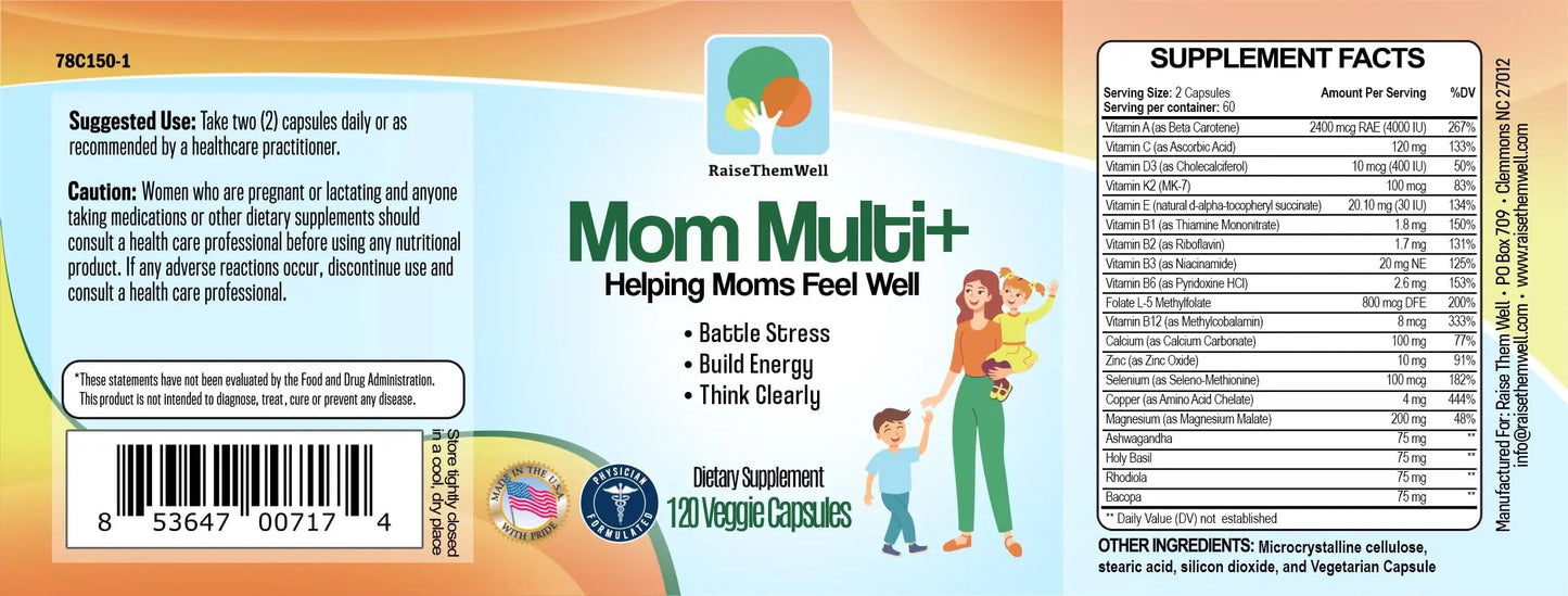 Raise Them Well Mom Multi+ Daily Multivitamin for Women with Active Folate, Adaptogens & Bacopa, Energy, Stress & Cognitive Support, 120 Veggie Capsules Raise Them Well