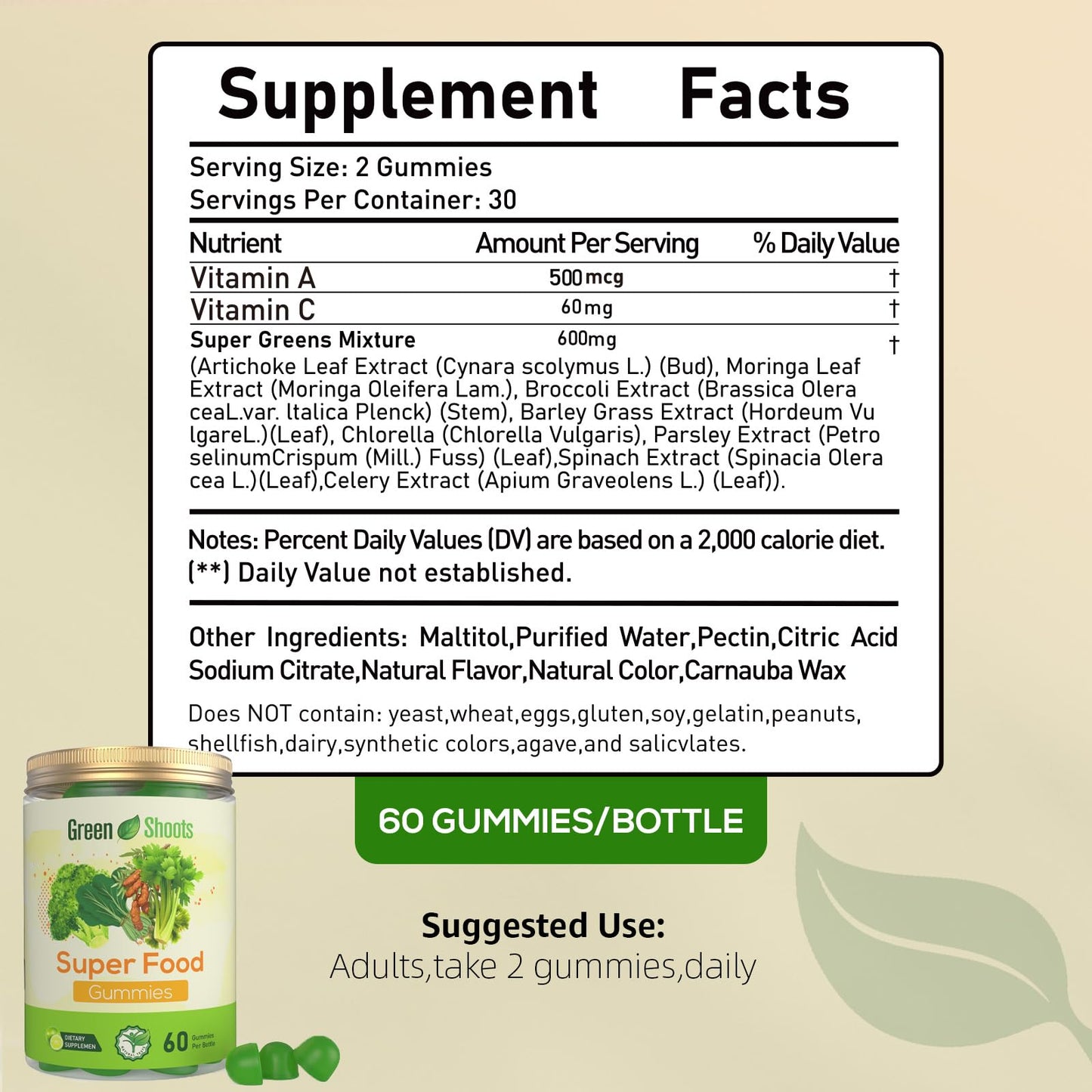 Greenshoots Super Food Gummies with Super Greens Blend, Vitamin A & C – Broccoli, Spinach, Moringa & Chlorella – Vegan, Sugar Free, Daily Nutrition Support, 60 Gummies GreenshootsBuy Supplements Australia