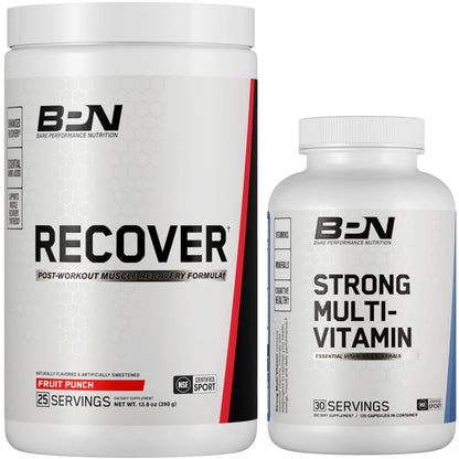 BARE PERFORMANCE NUTRITION BPN Strong Multi-Vitamin 30 Day Supply + Recover Post-Workout Muscle Recovery Drink Mix BARE PERFORMANCE NUTRITION