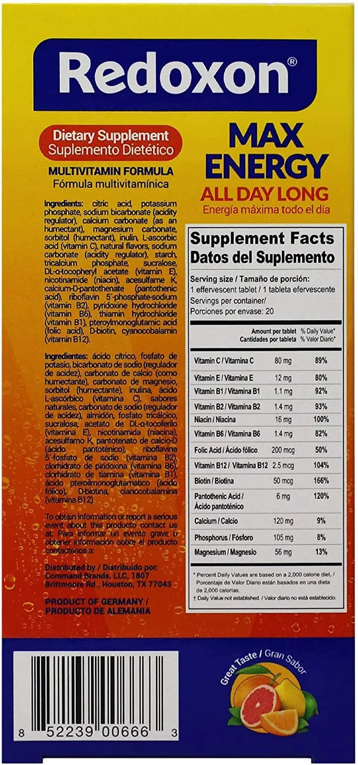 Redoxon Max Energy, Helps Support Inmune System, Citrus Flavor, 20 Effervescent Tablets, 2.82 Oz, Box Redoxon