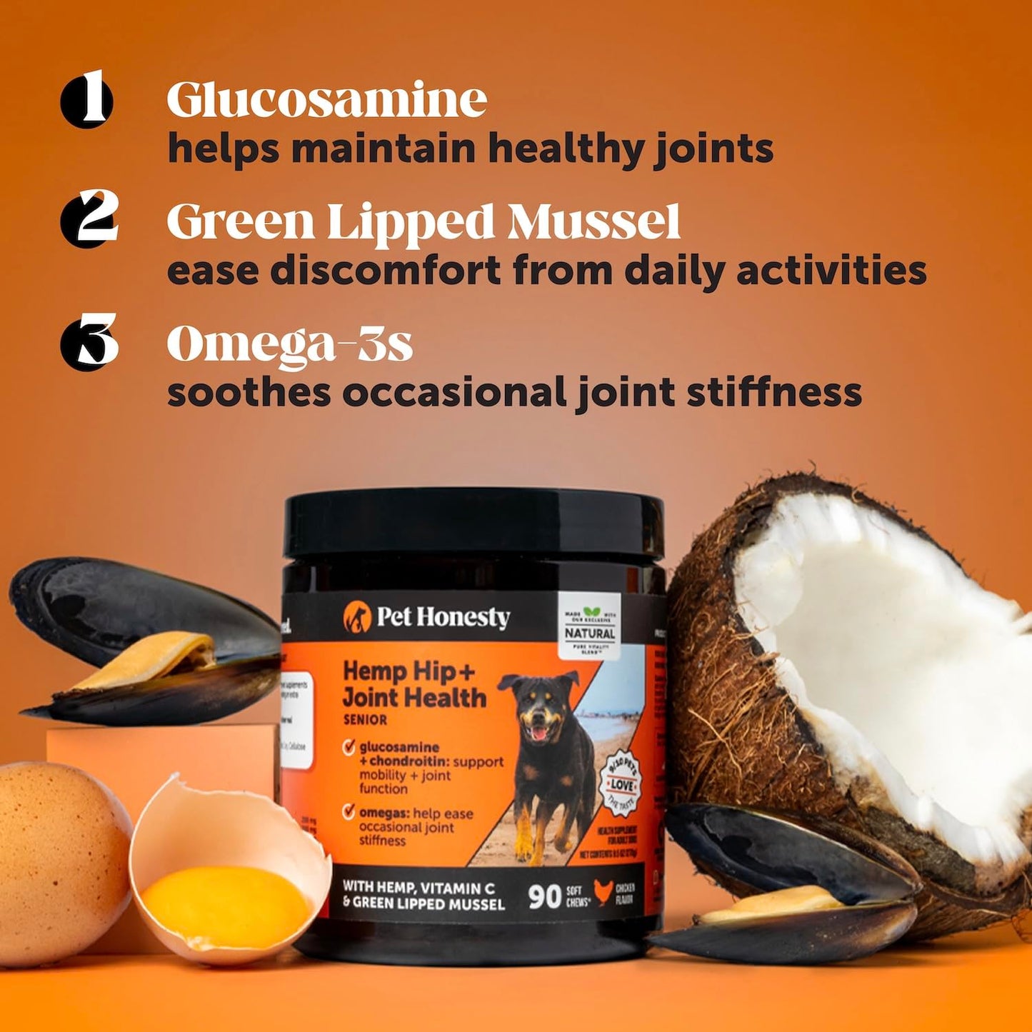 Senior Hemp Hip and Joint Supplement for Dogs - Glucosamine Chondroitin, MSM & Green Lipped Mussel - Relief for Joint Stiffness, Advanced Strength Mobility Support for Senior Dogs (Chicken, 90 Ct) Pet HonestyBuy Supplements Australia