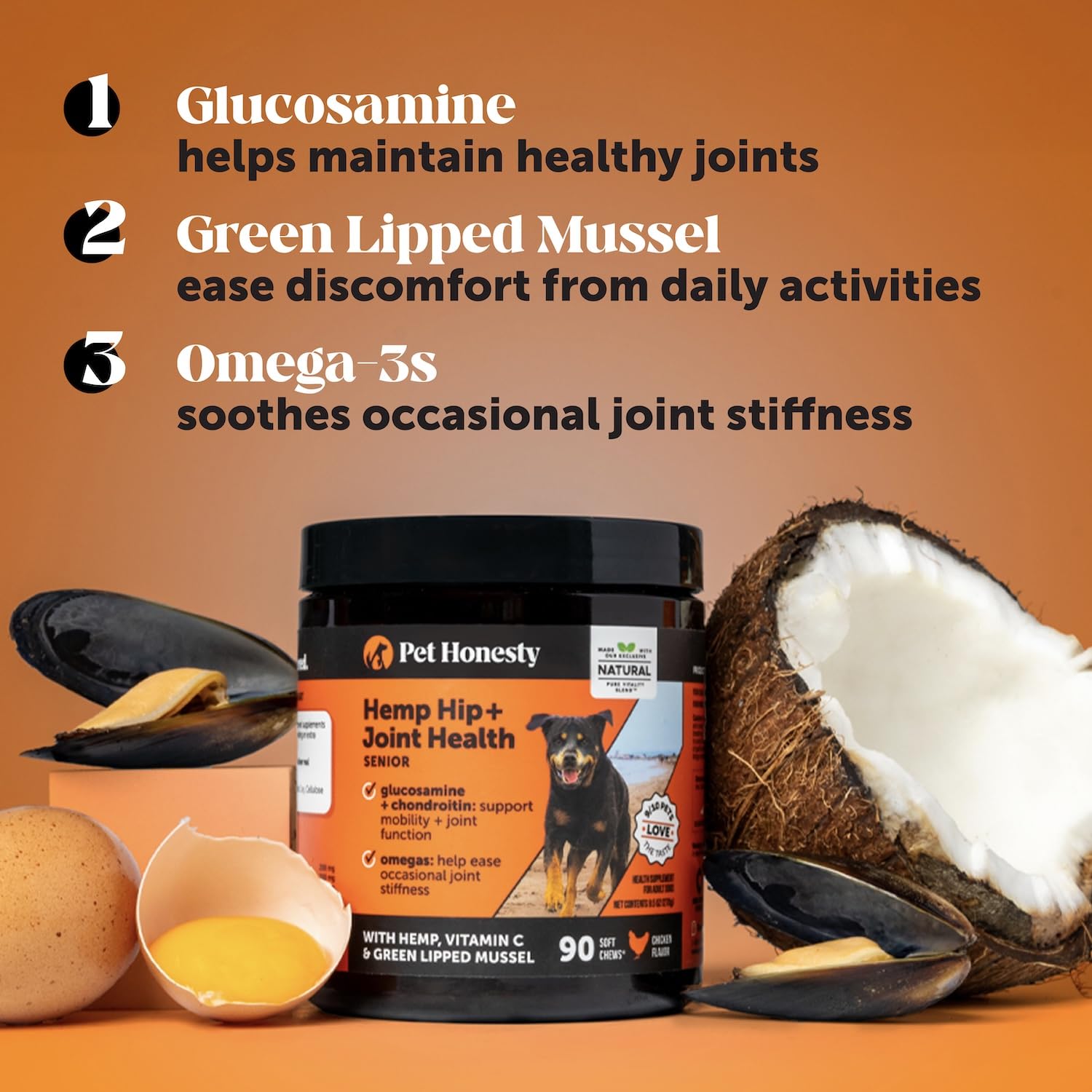 Senior Hemp Hip and Joint Supplement for Dogs - Glucosamine Chondroitin, MSM & Green Lipped Mussel - Relief for Joint Stiffness, Advanced Strength Mobility Support for Senior Dogs (Chicken, 90 Ct) Pet HonestyBuy Supplements Australia