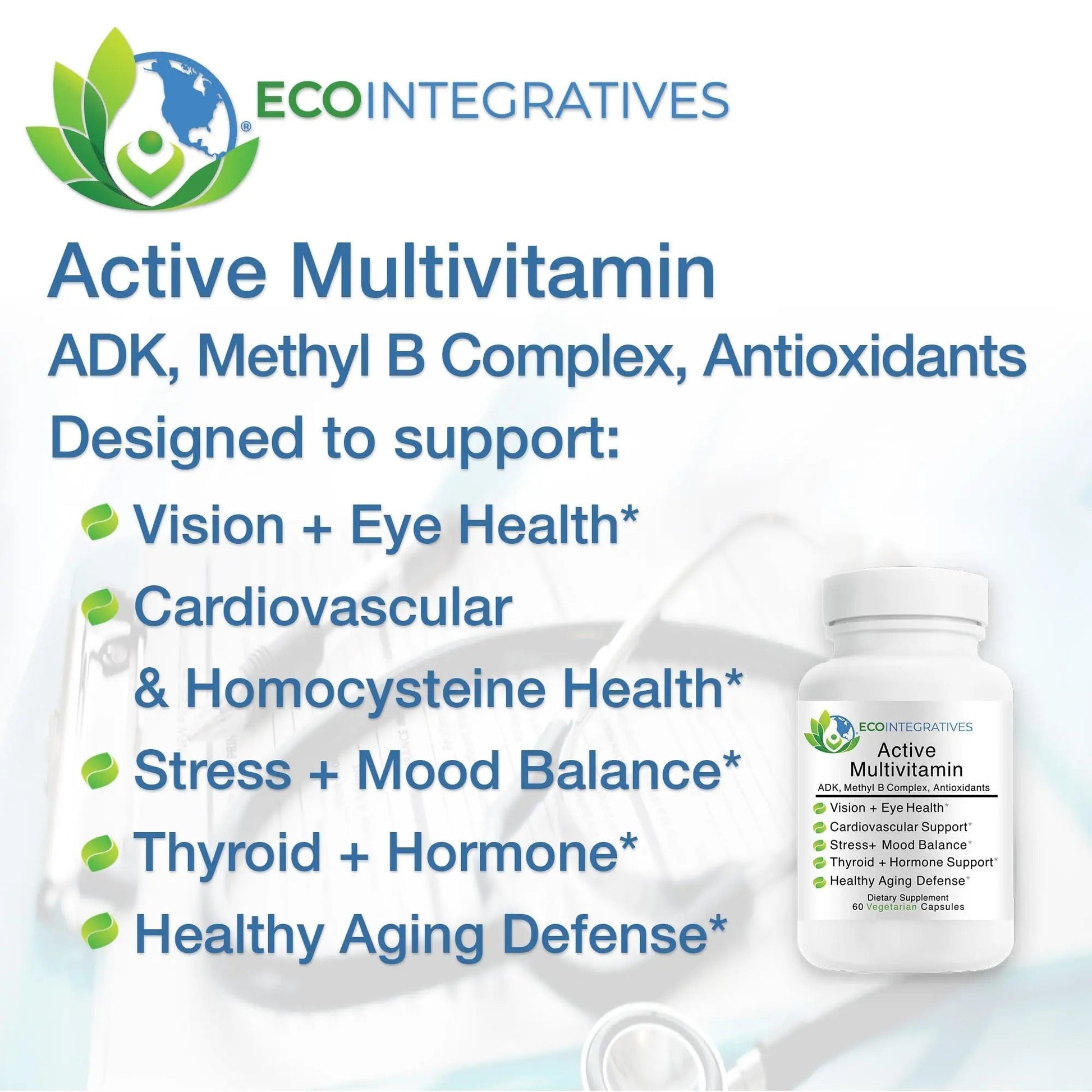 EcoIntegratives Active Multivitamin | ADK, Methyl B Complex, Antioxidants | Quatrefolic Folate, Methyl B12, P5P, Vitamin D3, K1/K2 | EcoIntegratives