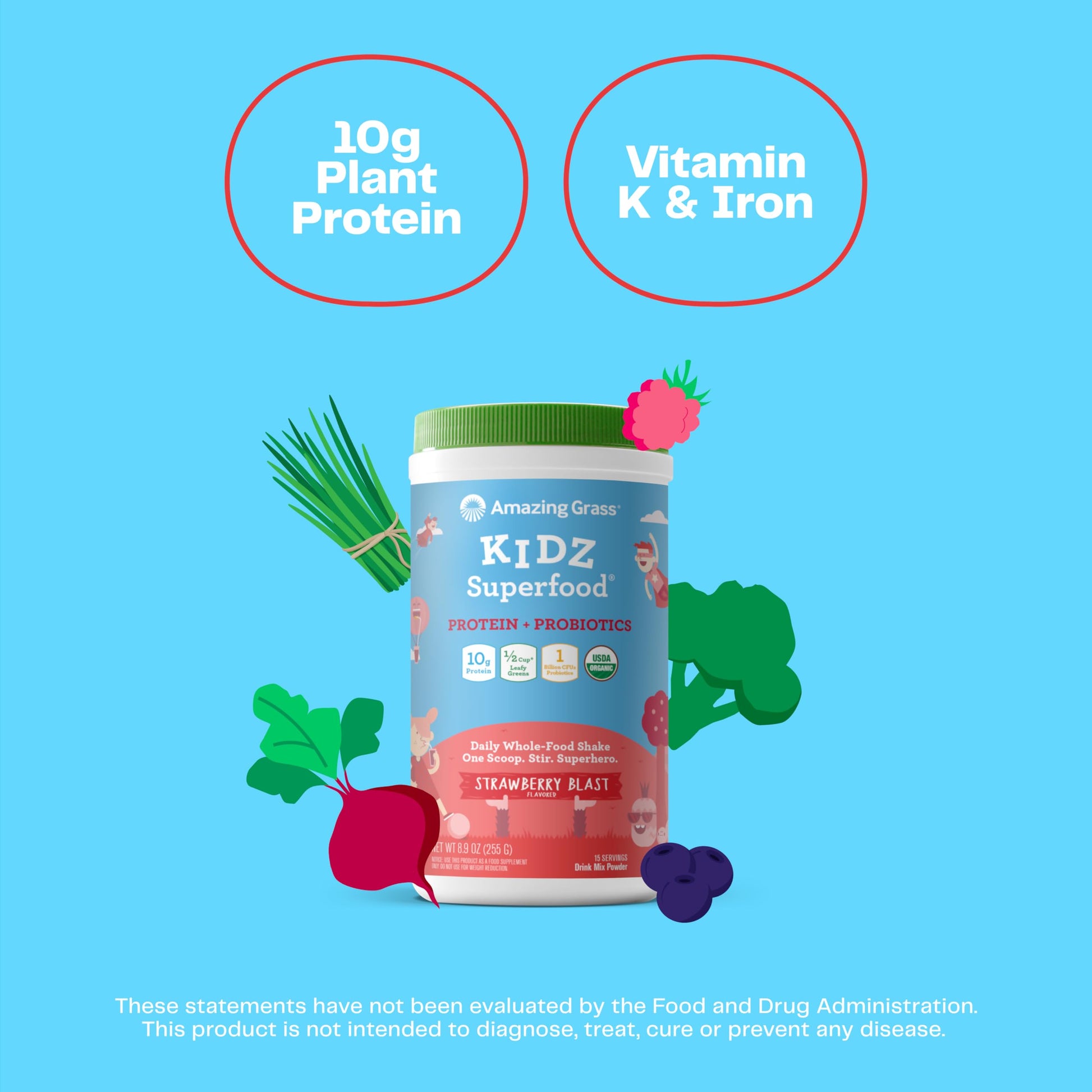 Amazing Grass Kidz Superfood: Vegan Protein & Probiotics for Kids with Beet Root Powder & 1/2 Cup of Leafy Greens, Strawberry Blast, 15 Servings Amazing GrassBuy Supplements Australia